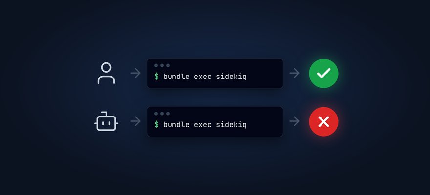 Two lanes run the same terminal command. In the top lane a person runs it and it ends in a green tick. In the bottom lane a process supervisor runs it and it ends in a red cross.