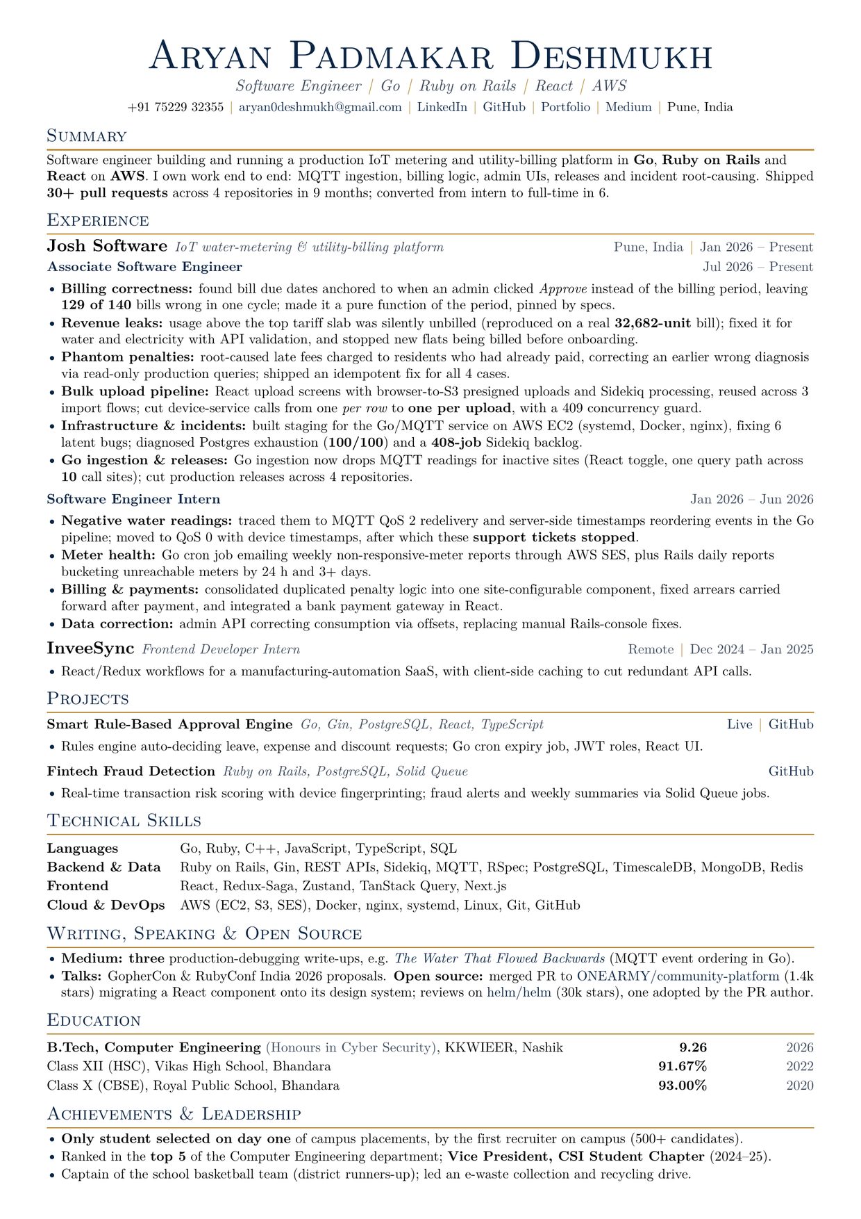 Aryan Deshmukh's one-page resume. Select to open the PDF.